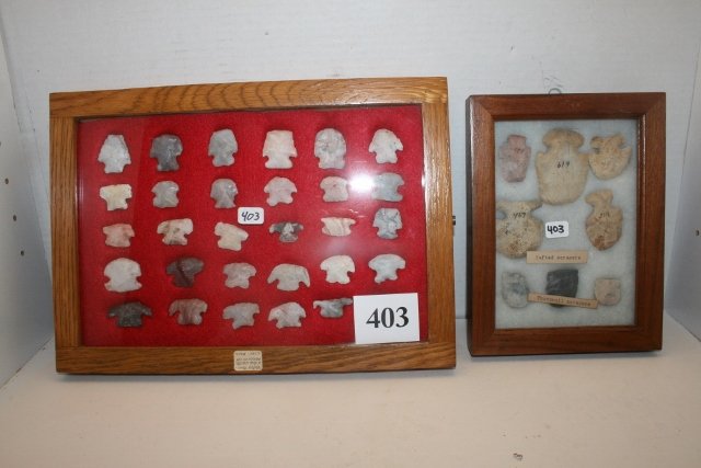 30 Flint Ridge Hafted Scrapers: 2 Frames – One Containing 30 Flint Ridge Hafted Scrapers, Licking Co. Ohio – Ex. Bob White Coll. And a frame containing 8 Scrapers, Randolph Co. Ind. – Ex. Keesling Coll.