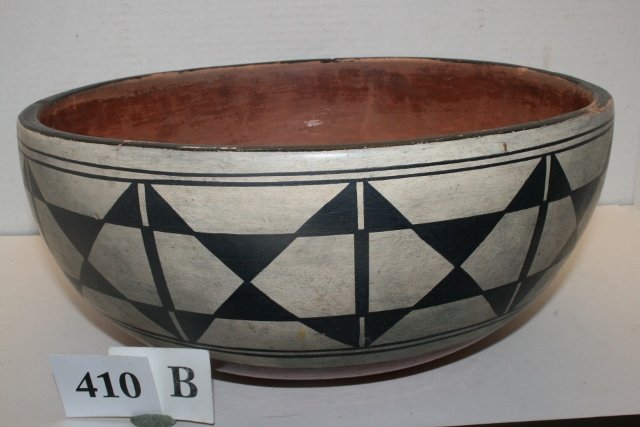 Large Santo Domingo Dough Bowl: 13 x 5 ¾” Large Santo Domingo Dough Bowl – sometime referred to as a Chile Bowl – finely made – 1940 – 1950’s Polychrome