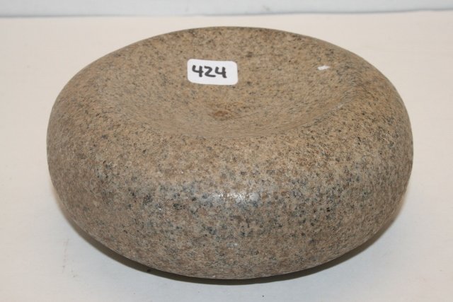 Hardstone Cupped Discoidal: 5 ¼” Dia. Hardstone Cupped Discoidal, St. Clair Co. Ill. – Ex. Gary Ladasser Coll. #192
