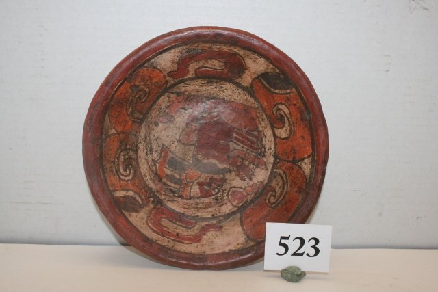 Polychrome Anthromorphic Mayan Plate: 7 3/8” x 1 ¼” Polychrome Anthromorphic Mayan Plate, Guatamala – solid