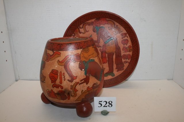 2 Mayan Pottery Items: 2 Mayan Pottery Items: Age uncertain, 3 Footed Jar and wall plaque, plate/plaque 9 ½” diameter