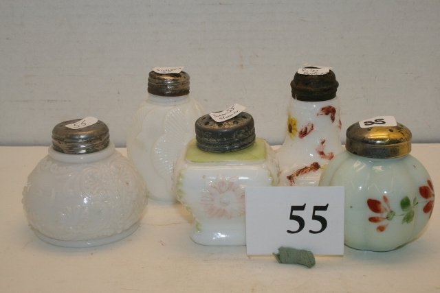 5 Milk Glass - Short Scroll S&P: 5 Milk Glass - Short Scroll – Sun Flower – Sunset – Bulge Bottom & Mellon