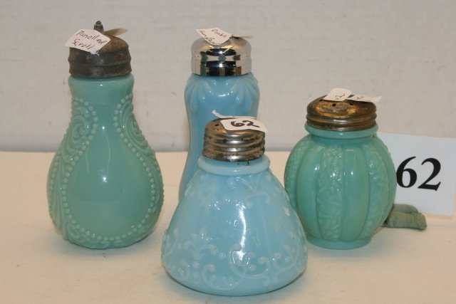 4 Colored Milk Glass S&P: 4 Colored Milk Glass - Blue Fantasia & Blue Double Fan & Green Panelled Scroll & Green Scrolled Rib