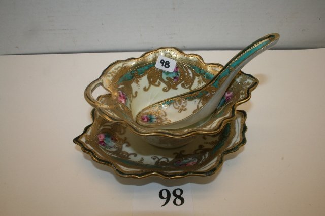 3 Piece Nippon Mayonnaise Set: 3 Piece Hand Painted Nippon Mayonnaise Set – Tray has spider crack in bottom – Gold décor (chips on ladle)