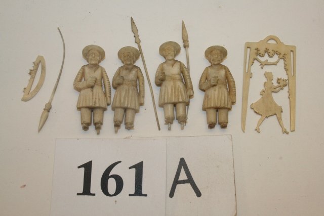 4 Ivory Figurines - NO SHIPPING OUT OF COUNTRY: 4 Ivory Figurines fit into pegs on bases – some pins broken, spears etc. in box - brought back from Africa that was purchased in the 1930's, 1940's - consignor documentation (no shipping out of coun