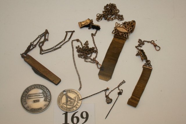 Box of Men’s Gold Plate Jewelry: Box of Men’s Gold Plate Jewelry – 3 Victorian Watch Fobs, Pocket Knife, Chains, Stick Pin