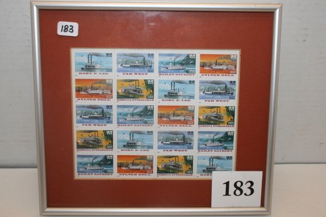 Block of 16 -32 Cent U.S.A. Steamboat Stamps: Block of 16 -32 Cent U.S.A. Steamboat Stamps in 8” x 9” Frame