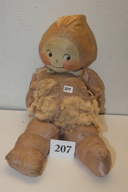 Palmer Cox Brownie Dolls: 17” Palmer Cox Brownie Dolls – Satin or Silk Body has deteriotated exposing cotton stuffing – printed face