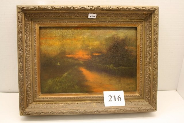 Scene of Sunset Scene on Board: 10 ½” x 13 ½” Plaster of Paris Frame with Hand Painted Scene of Sunset Scene on Board – Gold Gilt
