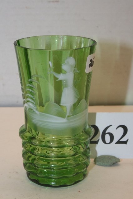 4” Green Glass Juice Tumbler: 4” Green Glass Juice Tumbler – girl décor Mary Gregory Type