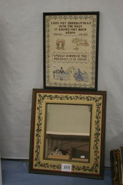 Cross Stitch on Old Linen: 10 ¾” x 14 ¾” Cross Stitch on Old Linen & 14 ¾” x 17” Mirror with Hand painted Grapes on border