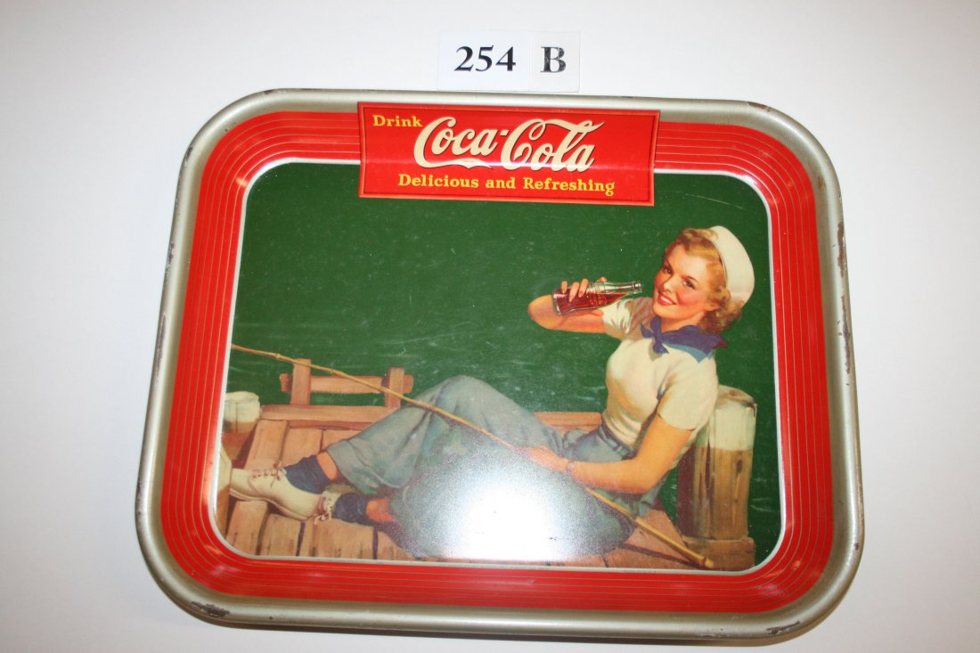 1940 Coca Cola Tray: 13 1/4" wide x 10 1/2" tall 1940 Coca Cola Tray - Lady fishing on pier - paint chips along edge