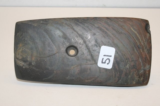 Banded Slate Trapazodial Pendant: 4 ¾” Banded Slate Trapazodial Pendant – Ex. David Root Coll. Water worn with some freeze damage, Bennett Davis C.O.A.’s