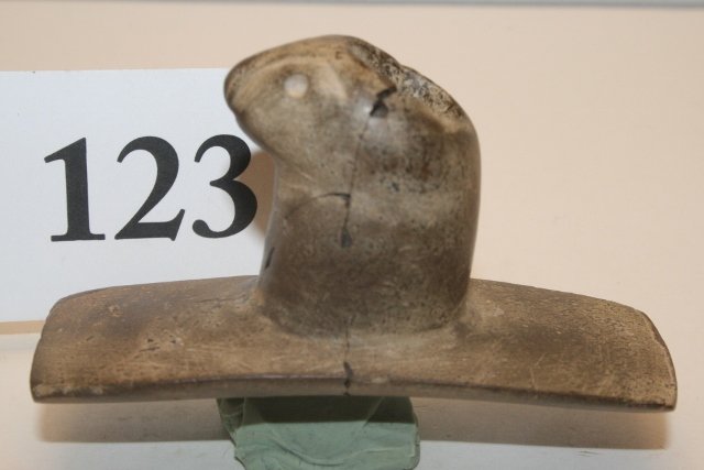 Otter Head Effigy Pipe: 3 3/8” Broken & Glued Restored Otter Head Effigy Pipe – Scioto Co. Ohio – Heavy repair - Tremper Mound – Ex. Francis Bud Patton Coll. Heavily patinated