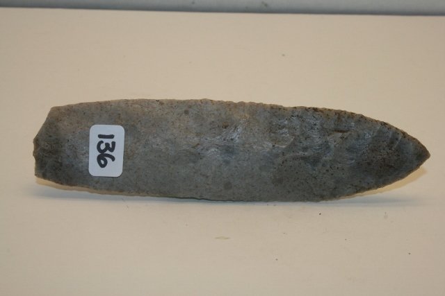 Paleo Lancelet Point: 5 13/16” Paleo Lancelet Point – Mottled Gray Flint – some parallel flaking – Perry Co. Ohio – Bennett C.O.A.