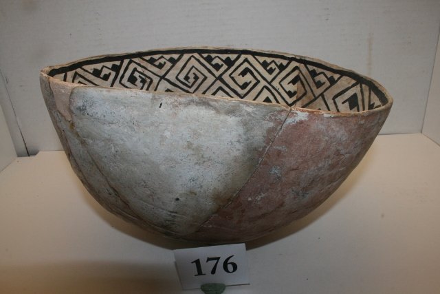 Black on White Anasazi Bowl: 11 ¼” x 6” Black on White Broken & Glued Minor Restoration Anasazi Bowl, Arizona - Bennett C.O.A.