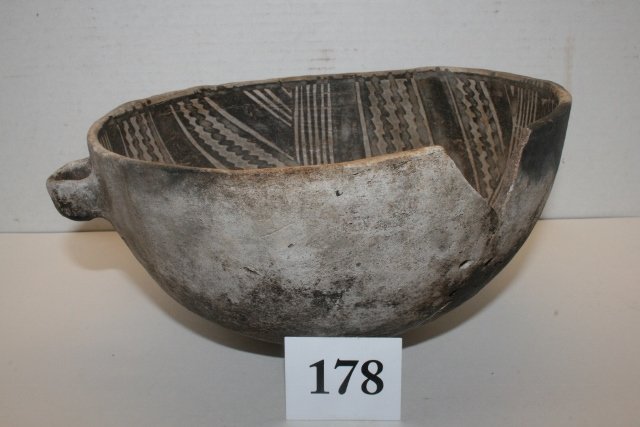 Black-white Anasazi Bowl: 9 ½” x 4 ¾” Black-white Anasazi Bowl – broken & glued, few missing pieces, Arizona – Ex. Wm. Platt Coll. – Bennett C.O.A. – Polychrome