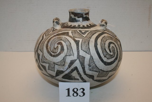 Black-White Water Bottle: 7” x 5 ¾” Black-White Water Bottle (Broken & Glued) – some restoration – Fence Lake New Mexico Anasazi Bennett C.O.A.