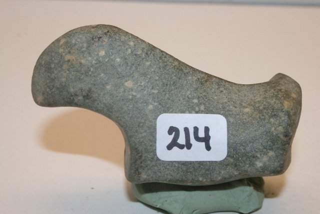Speckled Hardstone Birdstone: 3” Speckled Hardstone Birdstone, Wayne Co. Ohio – Old damage to top of tail, Putty C.O.A.