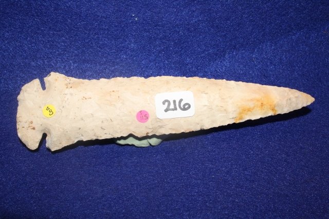 Burlington Chert Dovetail Point: 6” Burlington Chert Dovetail Point – Tip restored, Southern Ill., Rogers C.O.A. – Ex. Fred Eisernan Coll.