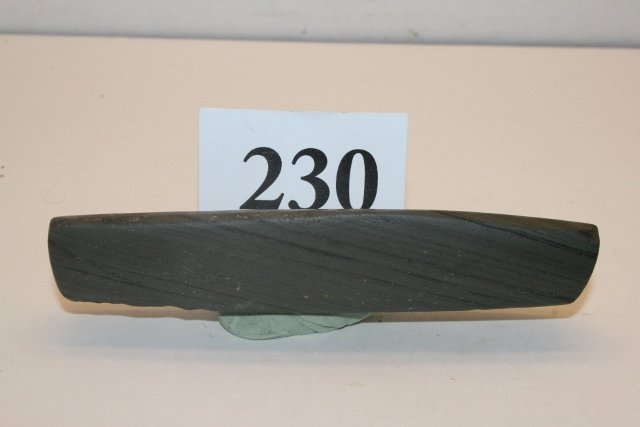 5” Banded Slate Bar Amulet: 5” Banded Slate Bar Amulet, North Canton, Stark Co. Ohio – Both holes broken out, Ex. Taylor Coll., with Bennett C.O.A.