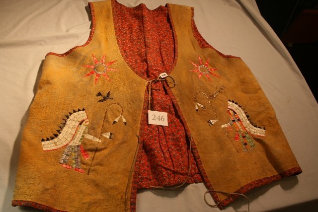Quilled Vest, Pictorial Quilled: Extra Large Quilled Vest, Pictorial Quilled Work with Indians on horseback, trade cloth back ground, Circa 1920-1930 era