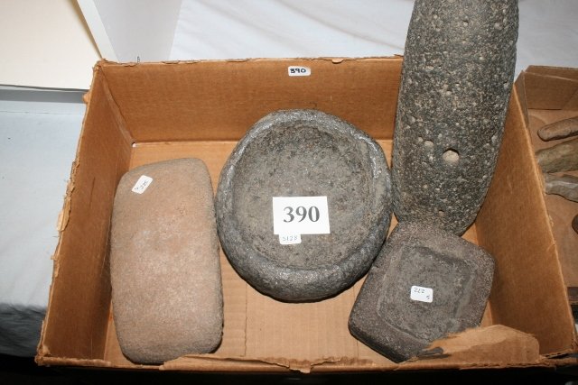 2 Stone Bowls: 2 Stone Bowls, largest 6 ½”, smallest broken & glued, 2 Manos, Southwest U.S. – all made from Lava Rock – large bowl is real nice