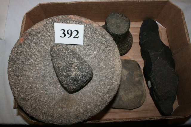 Lava Mortar-Pestle: Lava Mortar-Pestle, New Mexico, Hardstone Pestle, Neolithic Flint Celt, Stone Pallet Polished on both sides – nice lot