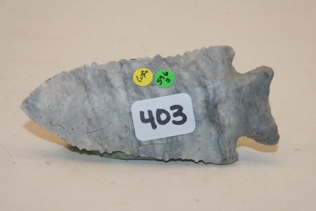 Coshocton Flint, Stillwell Point: 3 ¼” Coshocton Flint, Serrated Stillwell Point – Marion Co. Ohio – Bennett C.O.A.