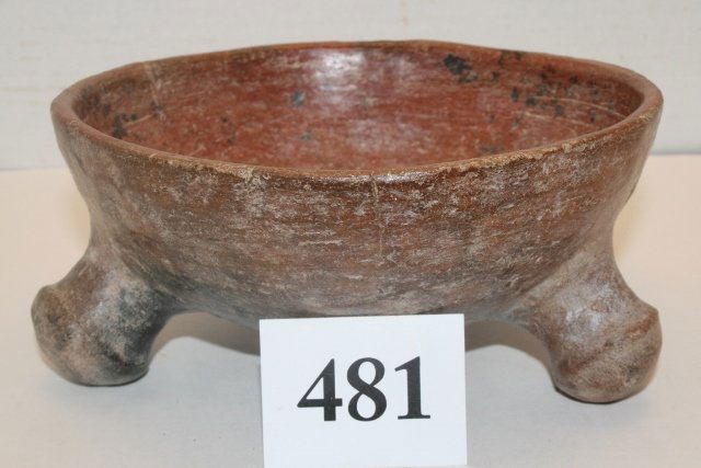 Bulbous 3 Footed Redware Pottery Bowl: 7 ¼” x 3” Bulbous 3 Footed Redware Pottery Bowl – Central America – Solid