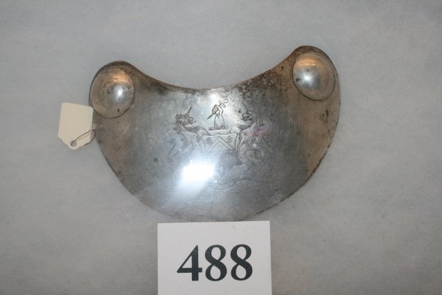 Nickel Plated Copper Gorget: 4 7/8” Nickel Plated Copper Gorget, Engraved Unicorns with shield