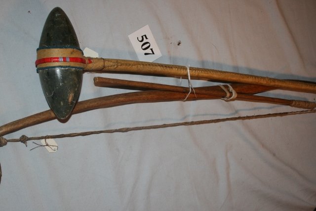 Childs Bow and arrow: 31 ¼” Childs Bow and arrow with stone point, 29” stone head hide covered handle war club