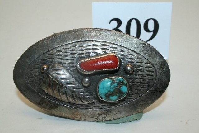 Silver Belt Buckle, Coral: 3 1/8” x 1 7/8” Silver Belt Buckle, Coral and Turquoise Stones, marked David Garop