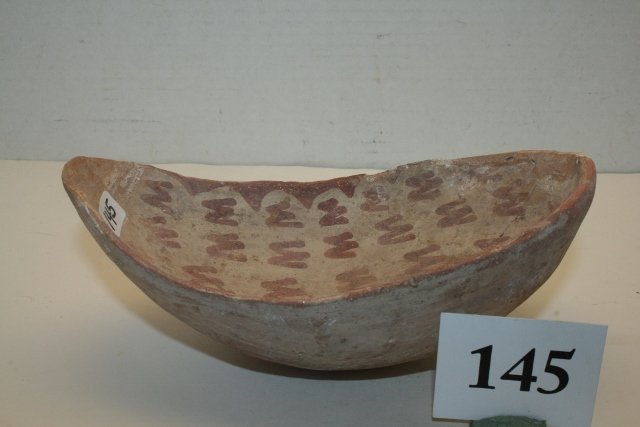 Hohokam Bowl Red on Buff: 7 ¼” x 4 ½” x 3 ¼” Fine Hohokam Bowl Red on Buff – some restoration, crack, Arizona – nice decoration – rare melon shape
