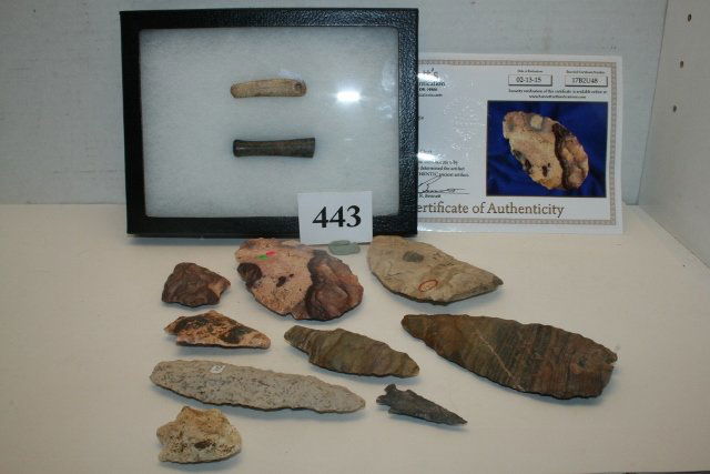 Lot consisting of 9 Flints: Lot consisting of 9 Flints, Various States, one has Bennett C.O.A. – Nice Bone Tailled pendant, Scioto Co. – salvaged steatite tube pipe, largest 4 ½”