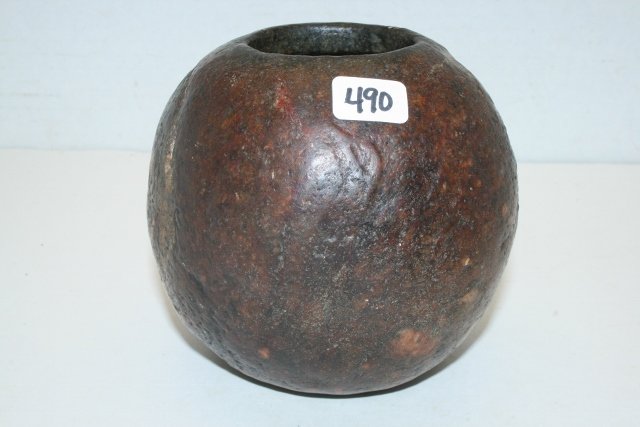 Porphry Mortar Carved Relief: 4 ½” dia. x 3 7/8” High Porphry Mortar Carved Relief – appears to be old