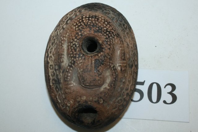 Clay Oil Lamp, Holy Land, Frog Effigy: 3 ½” x 2 ½” Clay Oil Lamp, Holy Land, Frog Effigy