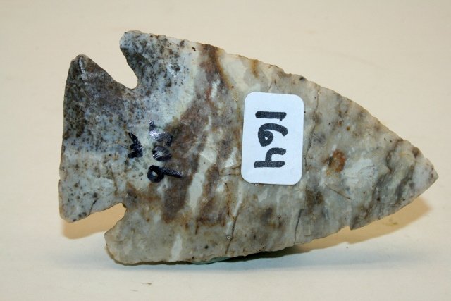 Striped Flint Lost Lake Point: 3 3/16” Striped Flint Lost Lake Point, Indiana, Ex. “Horsefly” Bush Coll. from the Late Marvin Gilley Collection of West Manchester, Preble Co. Ohio