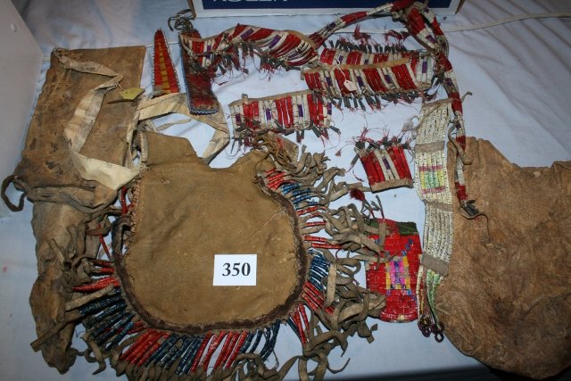 Rawhide Rifle Sheath /Storage Bag: Lot Consisting of Quilled Salvaged Bag Parts and Rawhide Rifle Sheath and Storage Bag