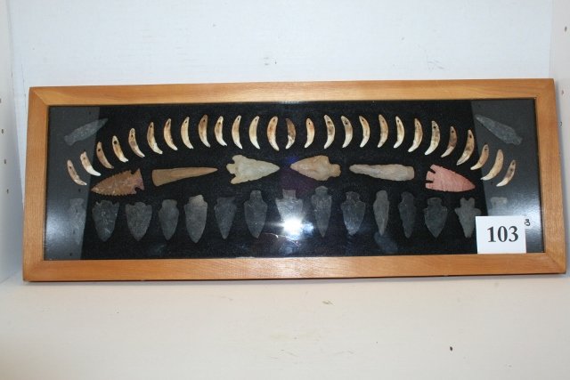 23 Nice Flint Artifacts: 8 x 22 Wood Frame containing 23 Nice Flint Artifacts and 27 Drilled Canine Teeth, Ex. Vietzen Coll.