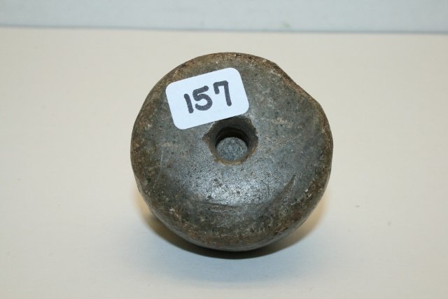 Chlorite Biscuit Discoidal: 1 7/8” x 1” Chlorite Biscuit Discoidal with unusual drilling on one side, “New Madrid Co. Mo.” Written on piece with $5.00 on old tag – Ex. Harley Glenn Coll.