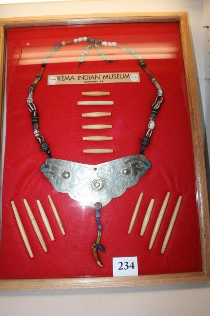 Large Nickel Silver Gorget: 18 x 25 Wood Frame containing a Display from the Kema Museum, Large Nickel Silver Gorget with mixed Trade Beads and Bone Hair Pipe Beads, Nice!