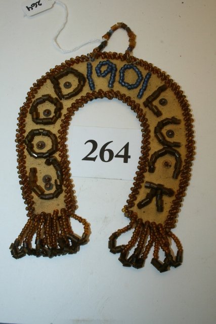 Beaded Whismey Horseshoe: 4 ¾” x 4 ¾” Beaded Whismey Horseshoe “Good Luck” and Dated 1901 Root Beer Colored Beads, Nice!