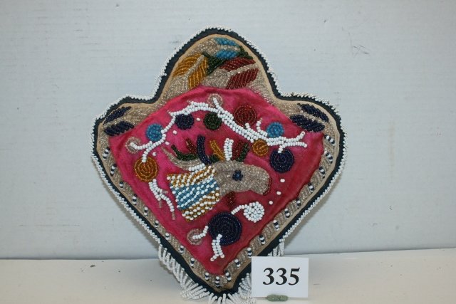Beaded Moose Trilobe cushion: 9 ¼” x 10” plus drops, Beaded “Hot Pink” Moose Trilobe cushion – probably Mohawk, Fine! circa 1830-1911
