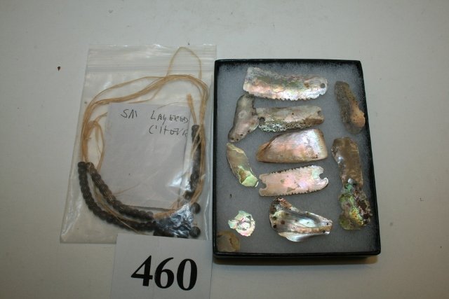 Lot consisting of Shell Pendants: Lot consisting of Shell Pendants found at Chico, Calif. Made by an Extinct Tribe of Native Americans and a strand of small layered Citovrons Beads
