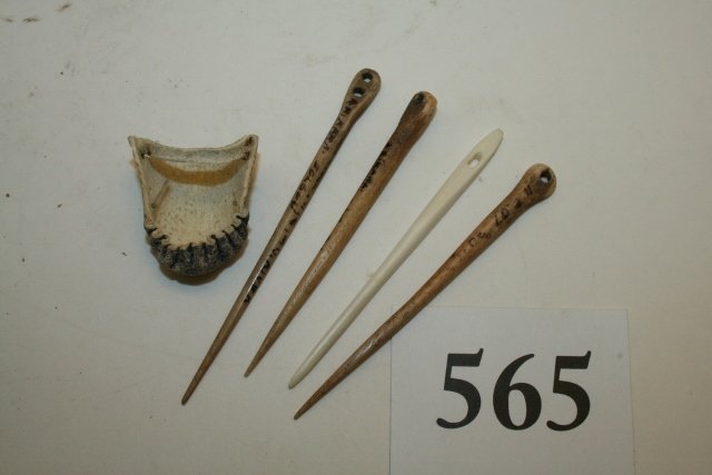 4 Bone Needles: 4 Bone Needles, longest 3 ¼” and a Bone Thimble, Alaska