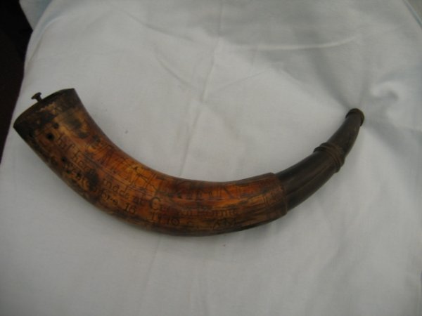 Scrimshaw Powder Horn: 15 1/2" Scrimshaw Powder Horn – Scrimshaw Sept. 16,1770 – Dumah Kirk - His Horn made at Crown Pointe - heavily engraved