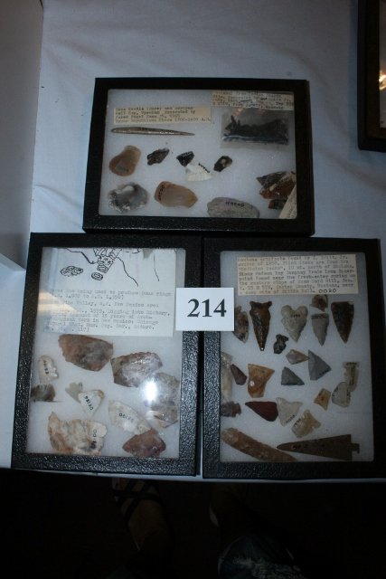 45 Western Artifacts: (3) 6 x 8 Frames total of 45 Western Artifacts including 1 Iron Point and Bone Awls, Points, Scrapers, with info New Mexico, Wyo. Montana – Ex. Claude Britt Coll.