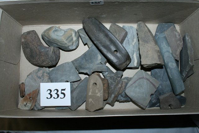 29 Broken Slate Artifacts: Lot consisting of 29 Broken Slate Artifacts including Glacial Kame Gorget, Bar Amulet, Intrusive Mound Pick, Bannerstones, Gorgets and Pendants