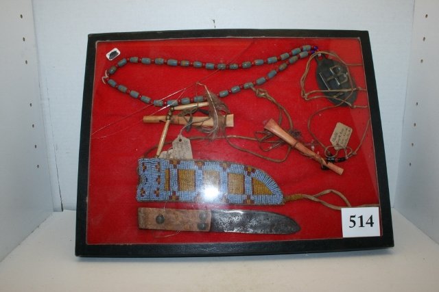 Trade Necklace with Hudson Bay Pendant: Trade Necklace with Hudson Bay Pendant, 2 Coyote Bone Whistles, Beaded Knife Sheath, Throwing Knife